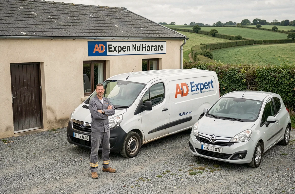 Agence AD Expert Postic Automobiles en Morbihan avec véhicules de location et technicien en uniforme de travail