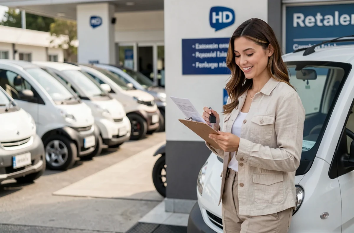 Jeune femme récupérant les clés d'une voiture sans permis dans une agence de location à Tarbes