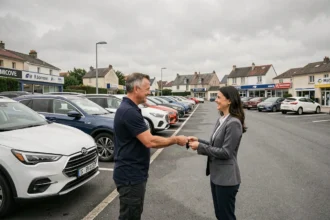 Vue d'ensemble d'une agence de location de voitures en Val-de-Marne avec rangée de véhicules et agent remettant des clés à une cliente