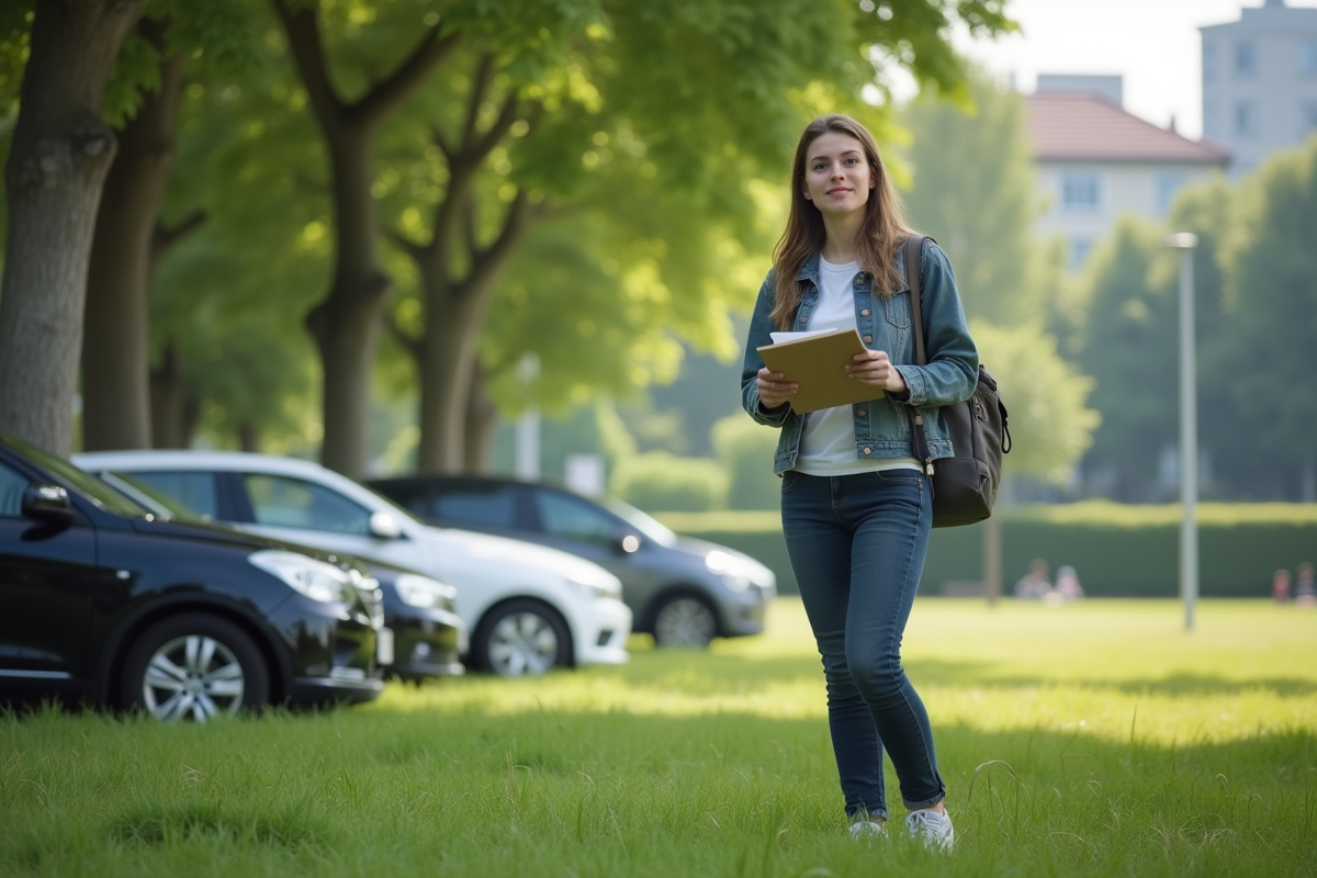 Jeune femme analysant la pollution dans un parc urbain