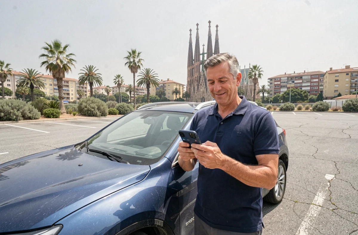 Homme utilisant une application mobile pour trouver un stationnement gratuit près de la Sagrada Família à Barcelone