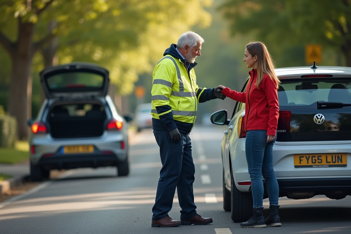 Assistant routier aidant une jeune femme avec sa voiture en banlieue