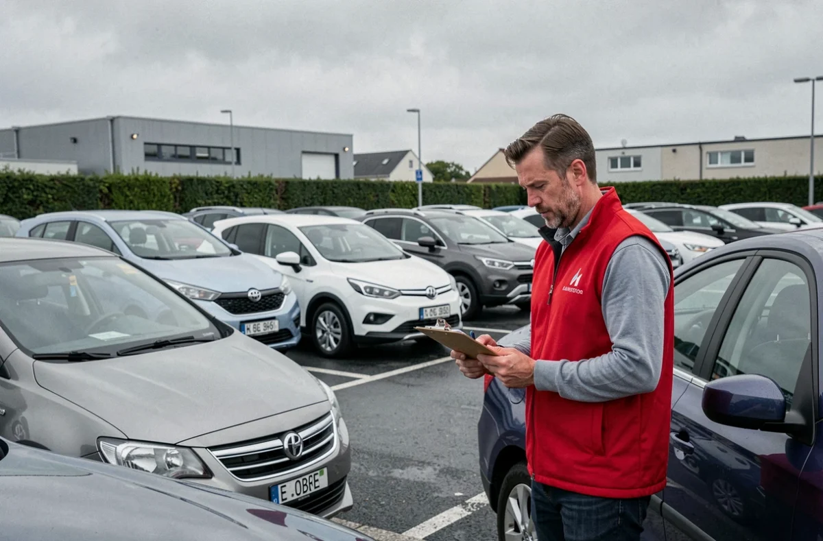 Lot de voitures de location de Auto Expo à Lanester près de Lorient avec un employé effectuant un contrôle de véhicule