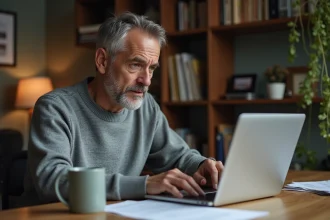 Homme rédigeant un avis client sur un site de vente de pneus en ligne depuis son bureau à domicile