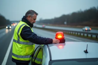 Homme en gilet de sécurité posant une balise V-16 sur le toit de sa voiture en panne sur l'autoroute