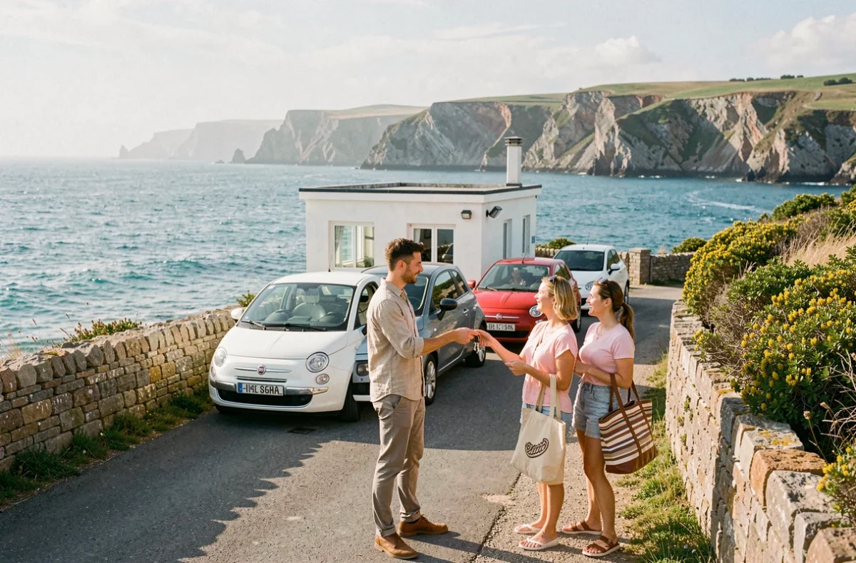 Agence Belle Île Autos sur l'île de Belle-Île-en-Mer avec véhicules de location et paysage côtier atlantique