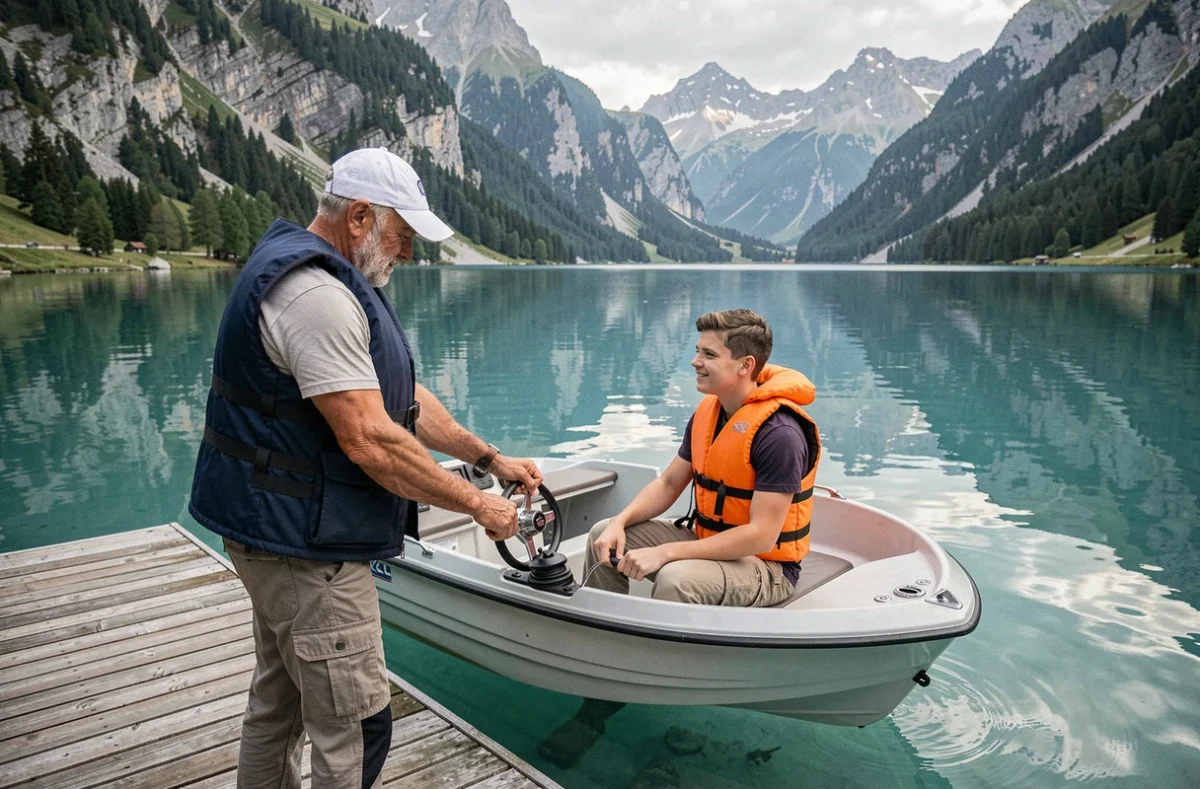Un moniteur de Boat School Du Granier enseignant la conduite nautique sur un lac alpin savoyard