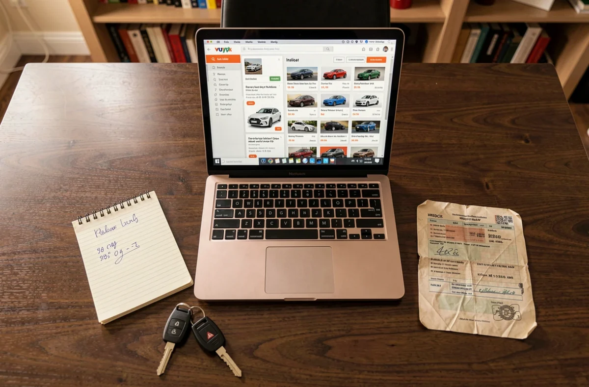 Vue aérienne d'un bureau avec ordinateur portable affichant un site de vente de voitures d'occasion, clés de voiture et estimation de prix manuscrite, symbolisant les erreurs de tarification