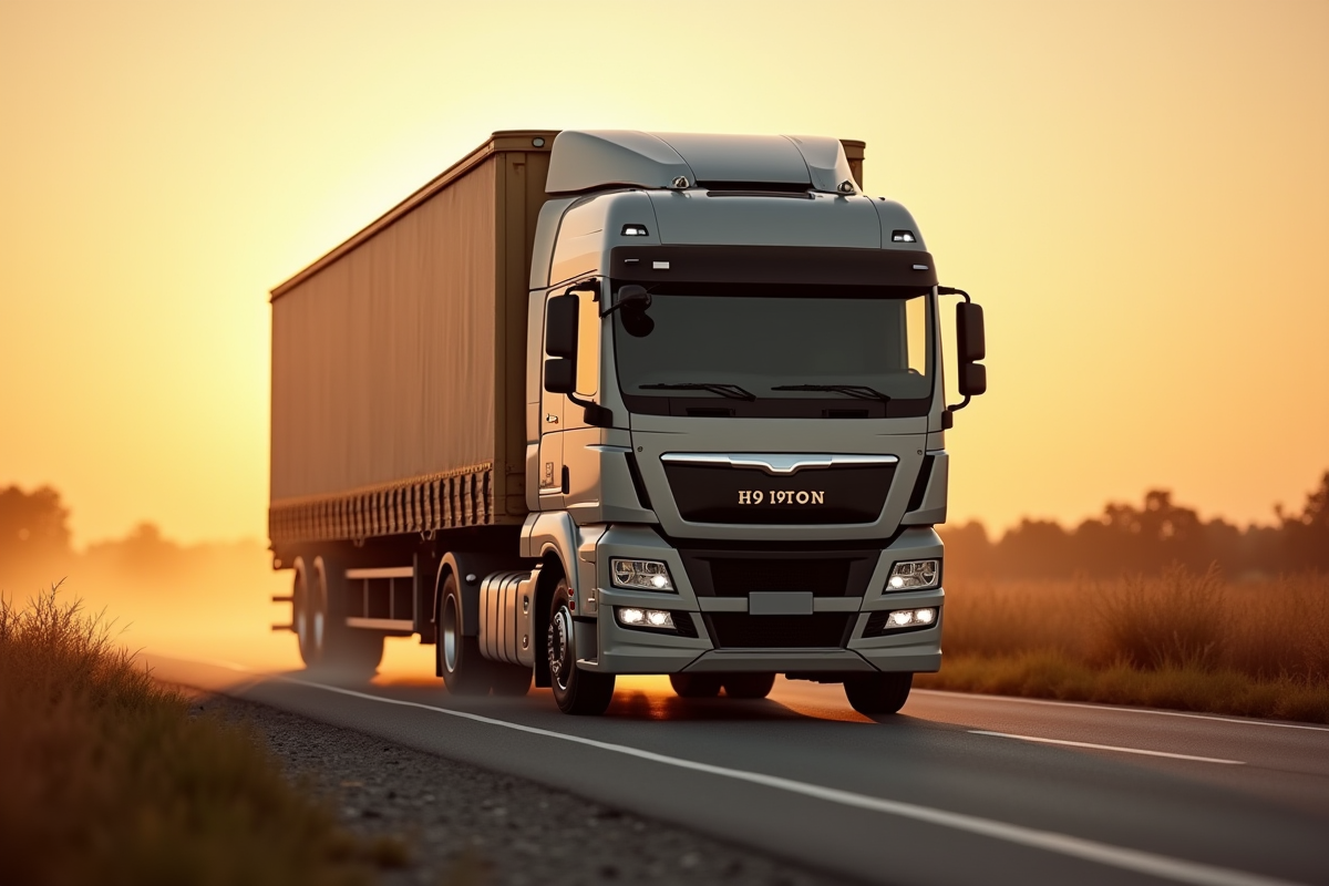 Camion 19 tonnes en campagne lors du coucher de soleil
