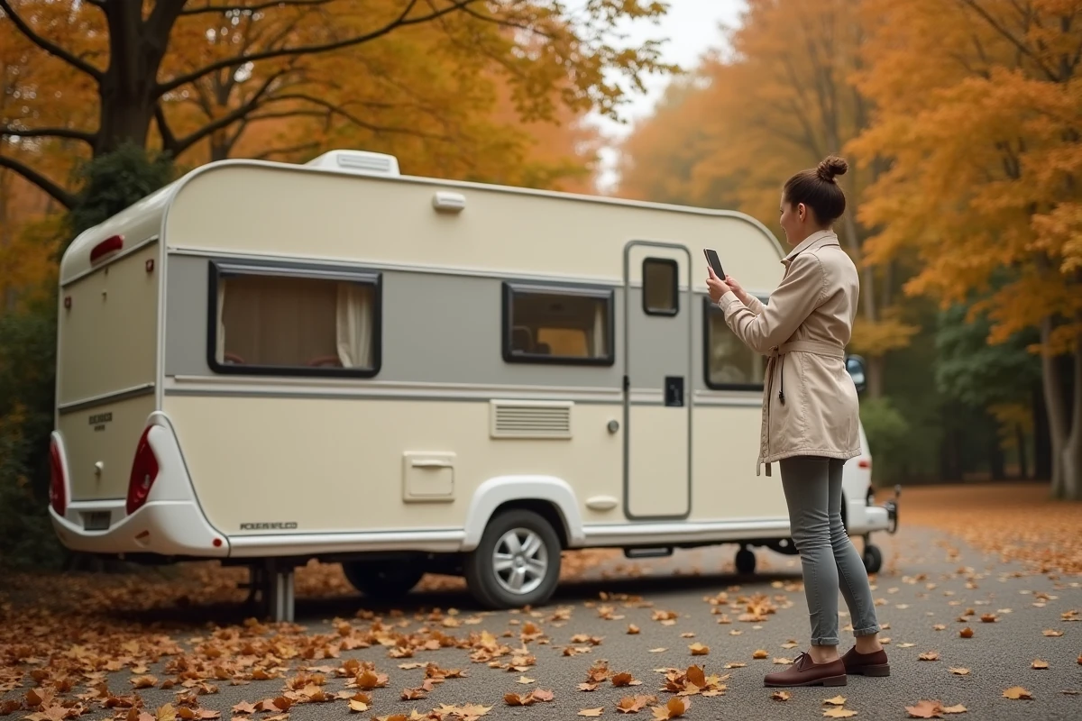 Jeune femme photographiant une caravane d'occasion à vendre dans un camping en automne