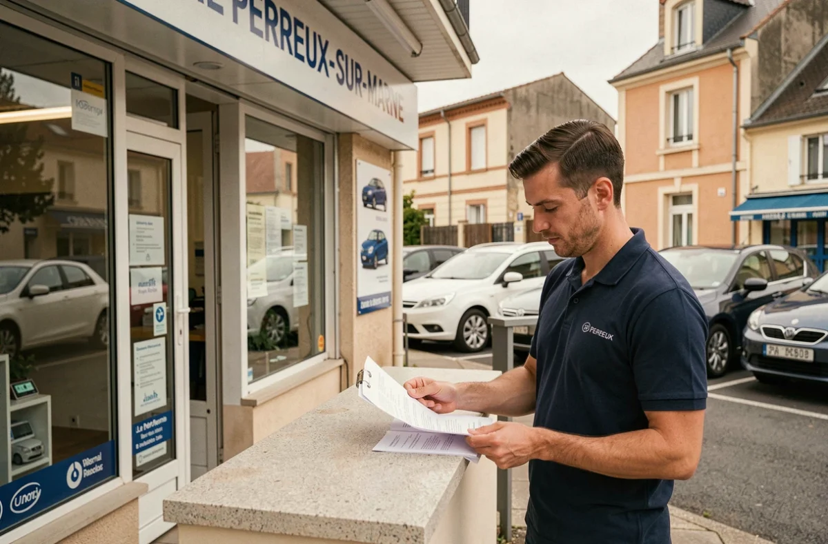 Façade de l'agence CarGo Location de Véhicules au Perreux-sur-Marne avec employé et véhicules disponibles à la location