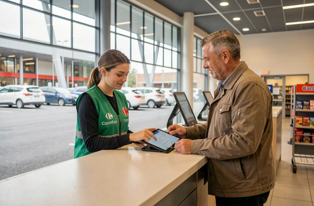 Bureau Carrefour Location à Charenton-le-Pont Bercy avec une agente traitant un contrat numérique pour un client sur tablette