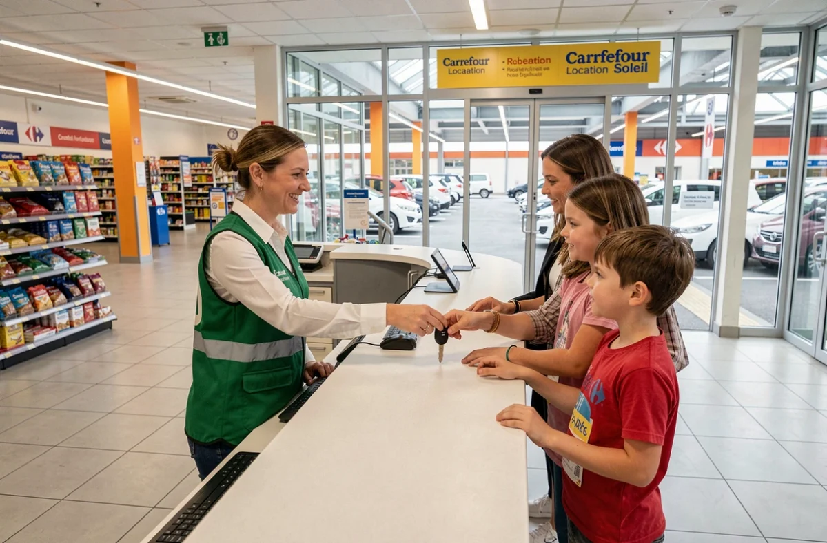Comptoir Carrefour Location au centre commercial Créteil Soleil avec une agente remettant les clés à une famille de locataires