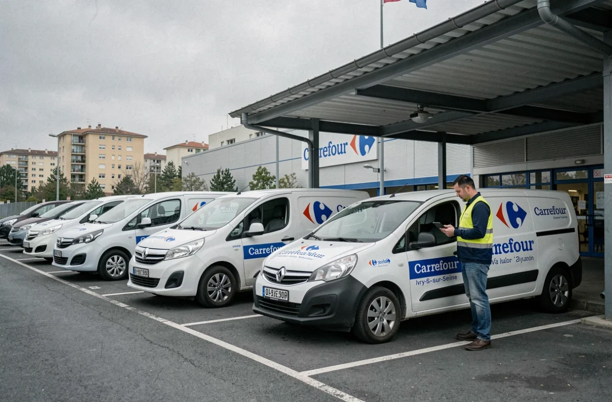 Rangée de véhicules Carrefour Location à Ivry-sur-Seine sous un abri de parking avec un employé effectuant un contrôle avant location
