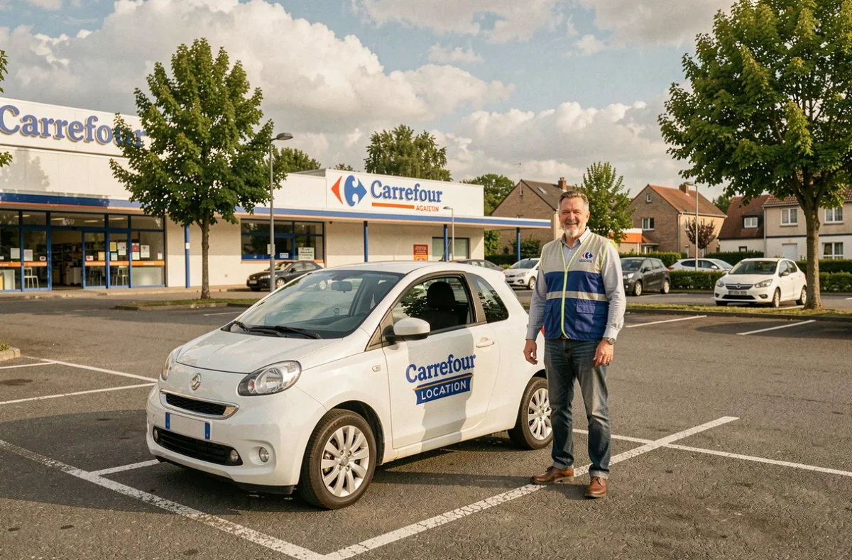 Agent Carrefour Location à Ormesson-sur-Marne posant à côté d'une voiture compacte blanche dans le parking du supermarché en milieu pavillonnaire
