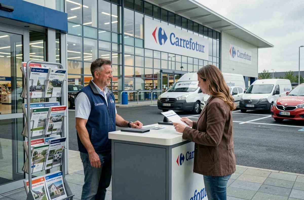 Kiosque Carrefour Location à Villejuif avec un agent présentant les tarifs de location à une cliente devant le grand parking du supermarché