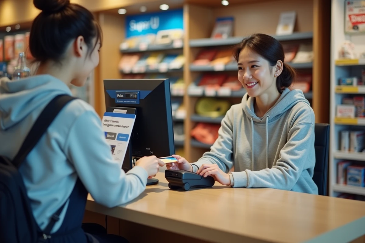 Une femme réglant la caution de location d'un camion Super U avec sa carte bancaire au comptoir du magasin