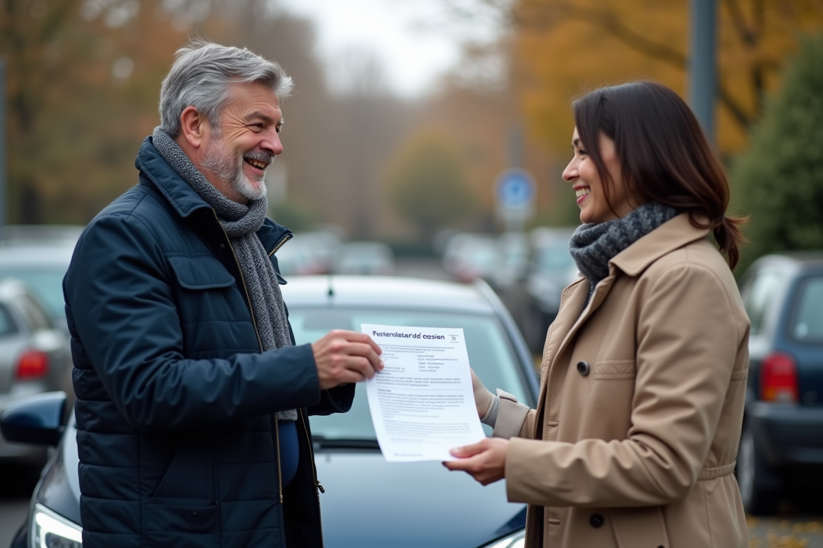 Homme souriant tenant un certificat de cession devant une voiture