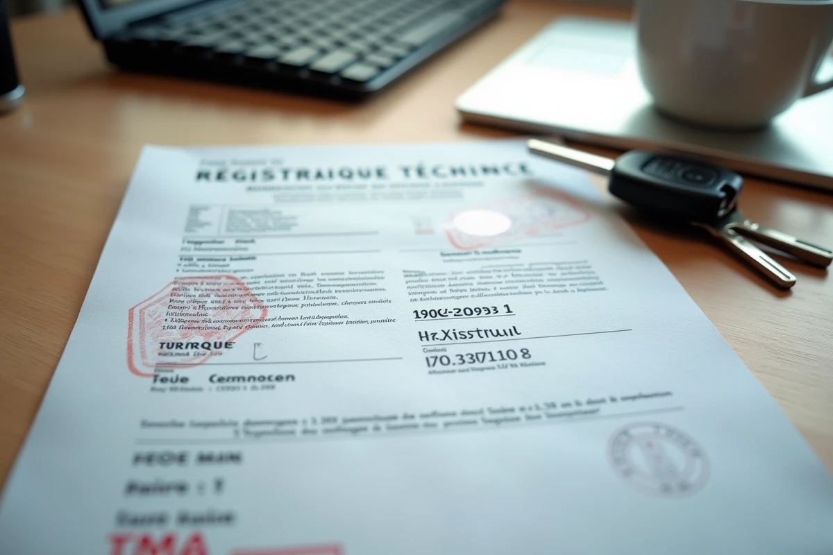 Certificat de contrôle technique et carte grise posés sur un bureau en bois avec des clés de voiture