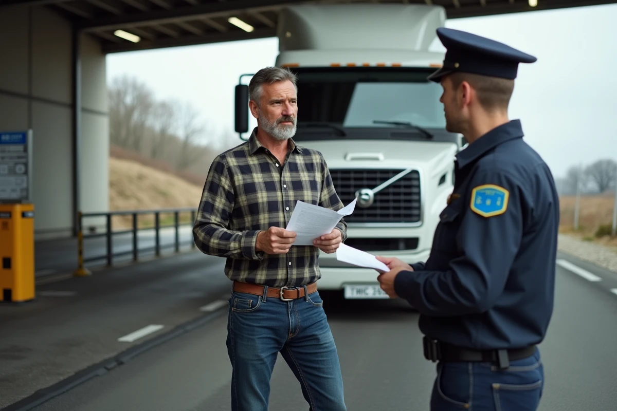 Chauffeur routier avec camion immatriculé TR en discussion avec un douanier à un poste frontière européen