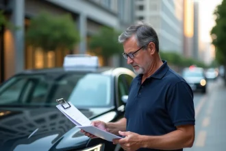 Chauffeur VTC professionnel appuyé sur sa voiture en train de consulter des documents d'assurance