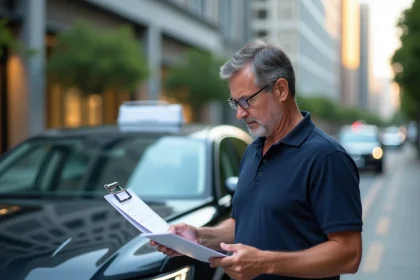 Chauffeur VTC professionnel appuyé sur sa voiture en train de consulter des documents d'assurance