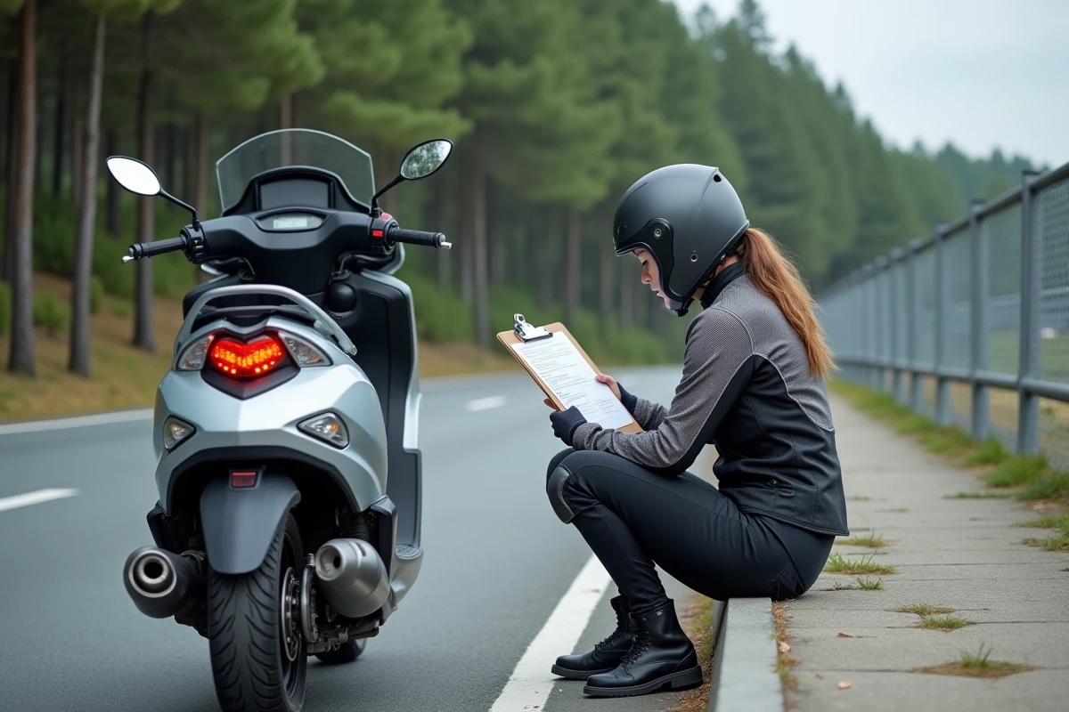 Conductrice de scooter consultant une check-list de sécurité sur l'aire de repos d'une autoroute française