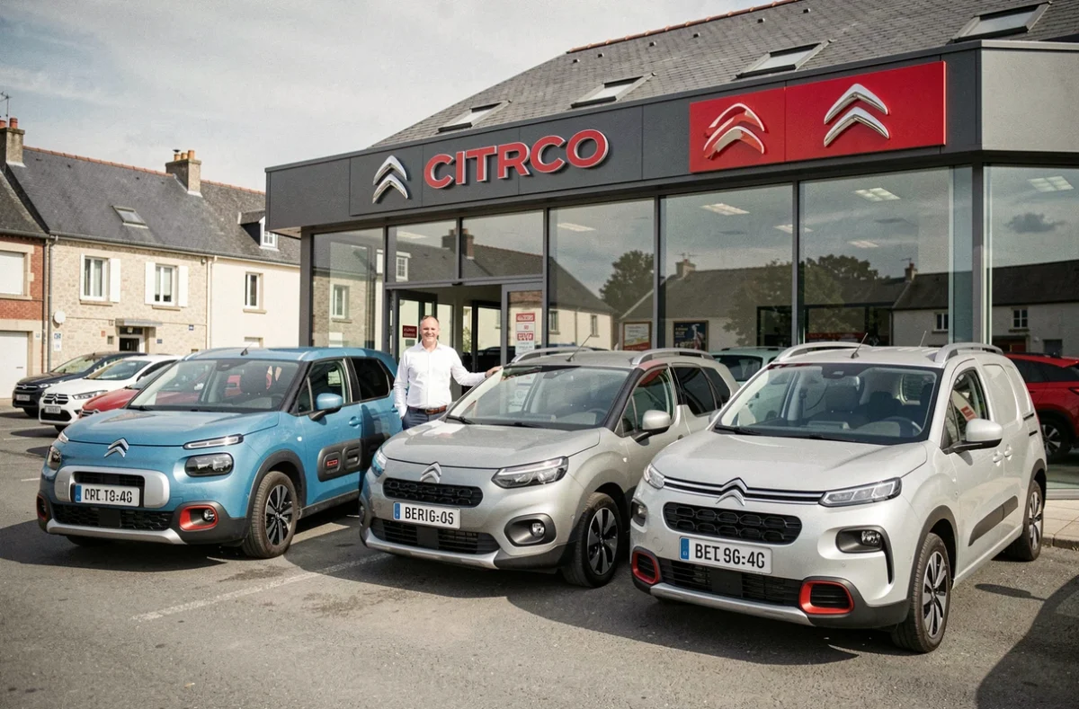Concession et agence de location Citroën Midi Auto 56 avec véhicules neufs exposés devant la façade