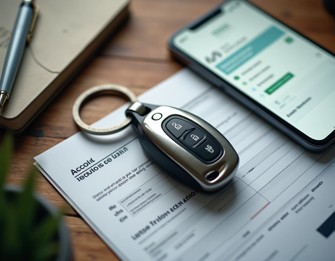 Vue de dessus d'une clé de voiture avec logo de marque, devis d'assurance sur smartphone et tableaux comparatifs des frais auto sur un bureau en bois