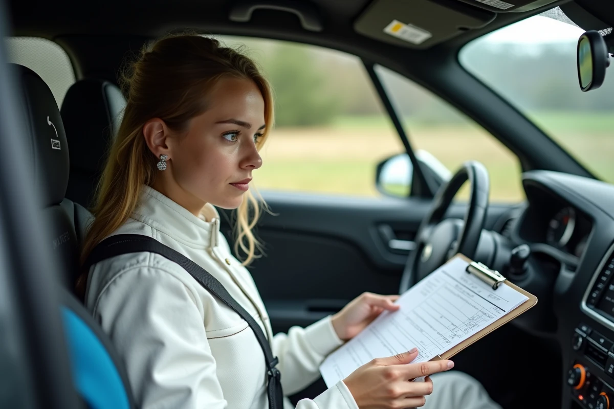 Femme co-pilote concentrée avec carnet dans l