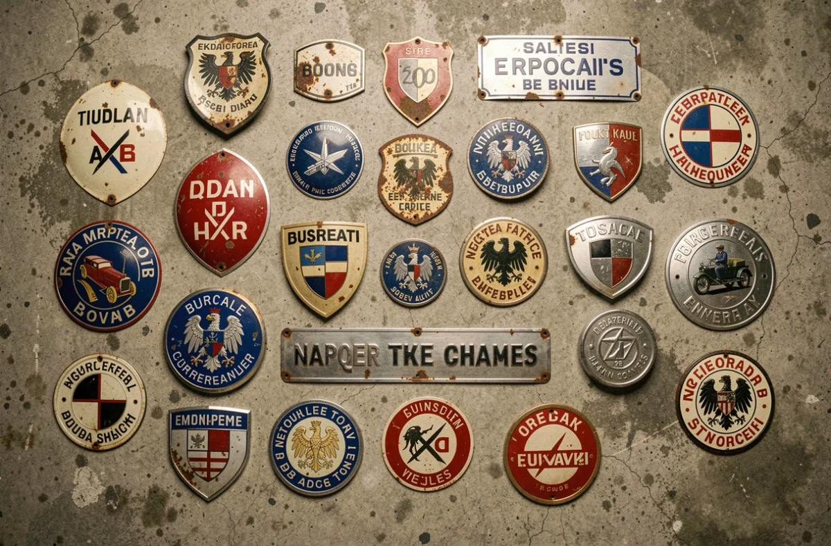 Collection de logos et badges automobiles vintage des années 1930 à 1970, arrangés à plat sur une surface en béton usé, montrant différentes marques européennes disparues