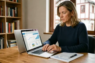 Femme comparant des offres d'assurance auto sur un ordinateur portable dans un bureau à domicile à Bayonne