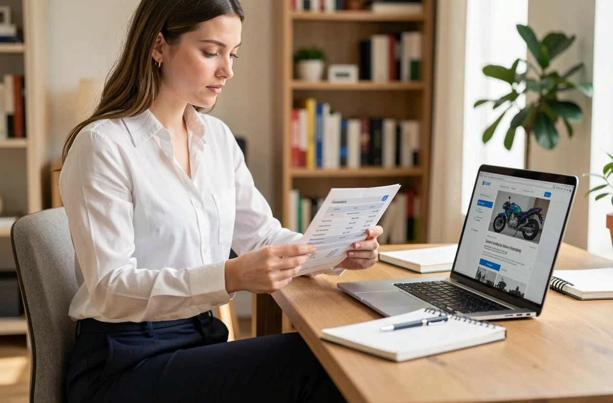 Jeune femme comparant des offres d'assurance moto 125cc sur ordinateur portable à son bureau