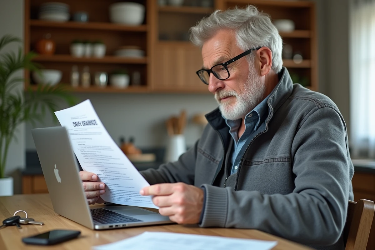 Homme comparant des offres d'assurance pour une Renault 12 de collection sur son ordinateur portable avec des documents papier sur la table