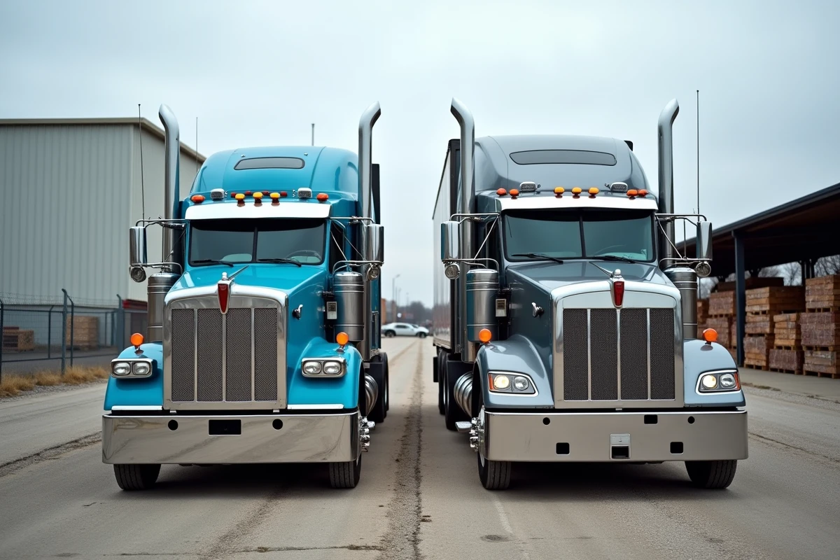 Comparaison face à face entre un Kenworth W900A vintage bleu et un Kenworth W900 moderne gris mat dans un dépôt de transport