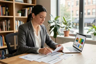 Femme comparant les prix d'assurance voiture selon les marques sur des documents posés sur un bureau en bois