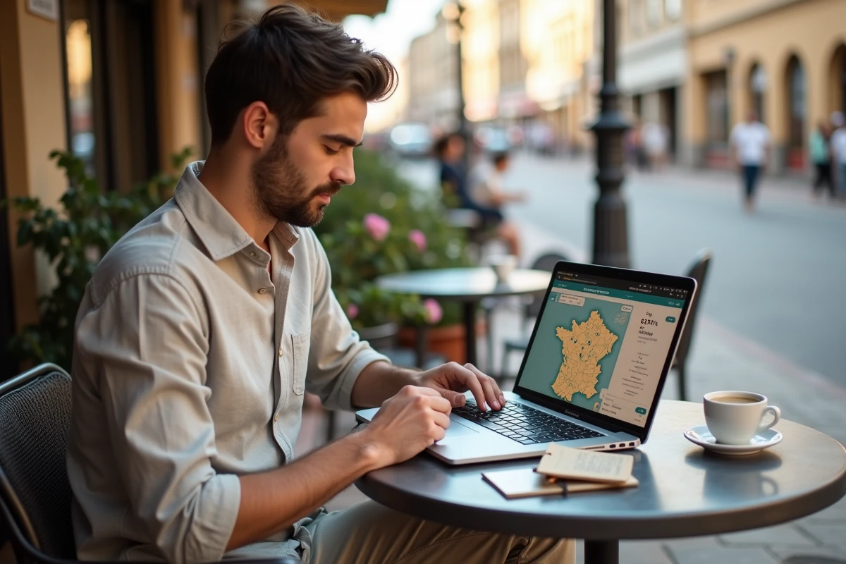 Un jeune Marseillais recherchant les stations essence les moins chères de Marseille sur un site de comparaison depuis un café du Vieux-Port