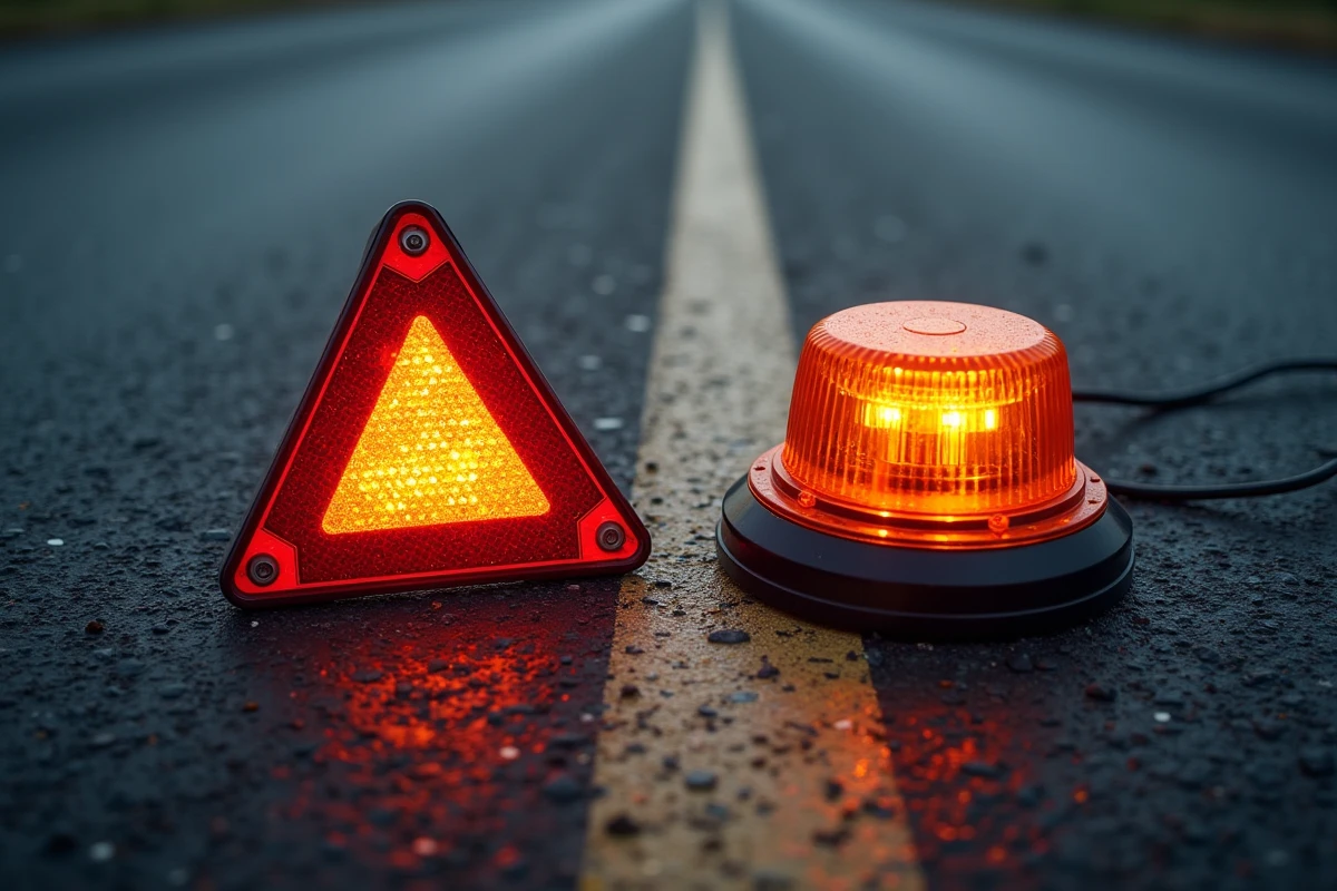 Comparaison entre un triangle de signalisation rouge et une balise lumineuse V-16 posés sur l'asphalte
