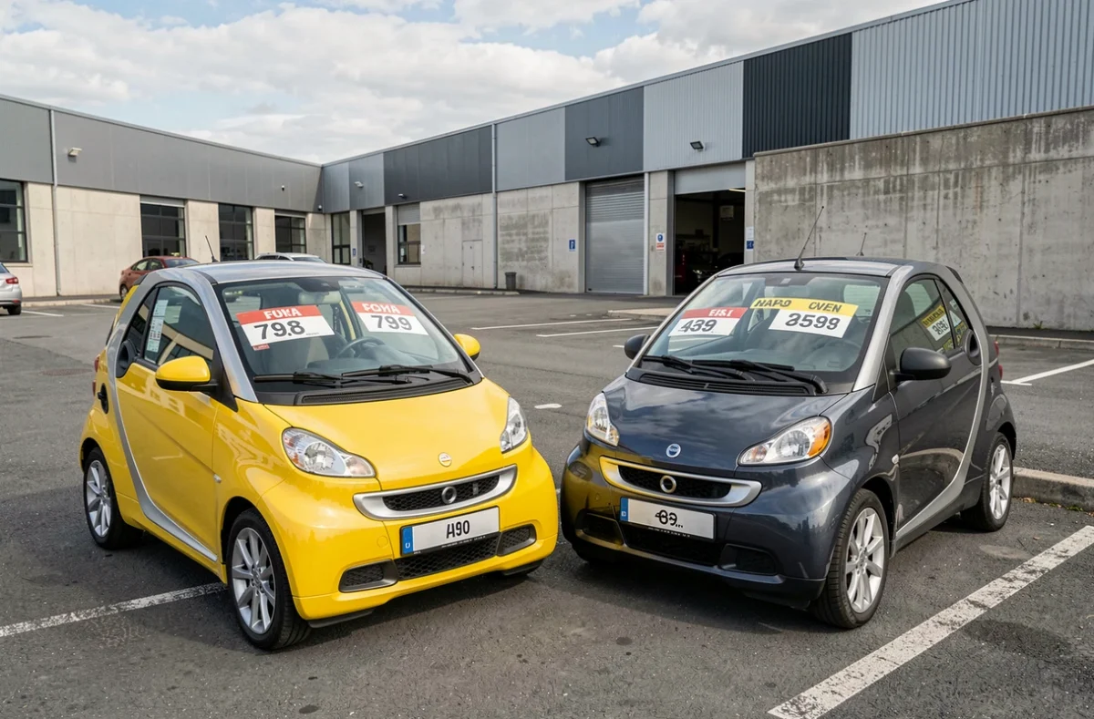 Deux voitures sans permis à essence de couleurs différentes avec étiquettes de prix dans un parking de concessionnaire