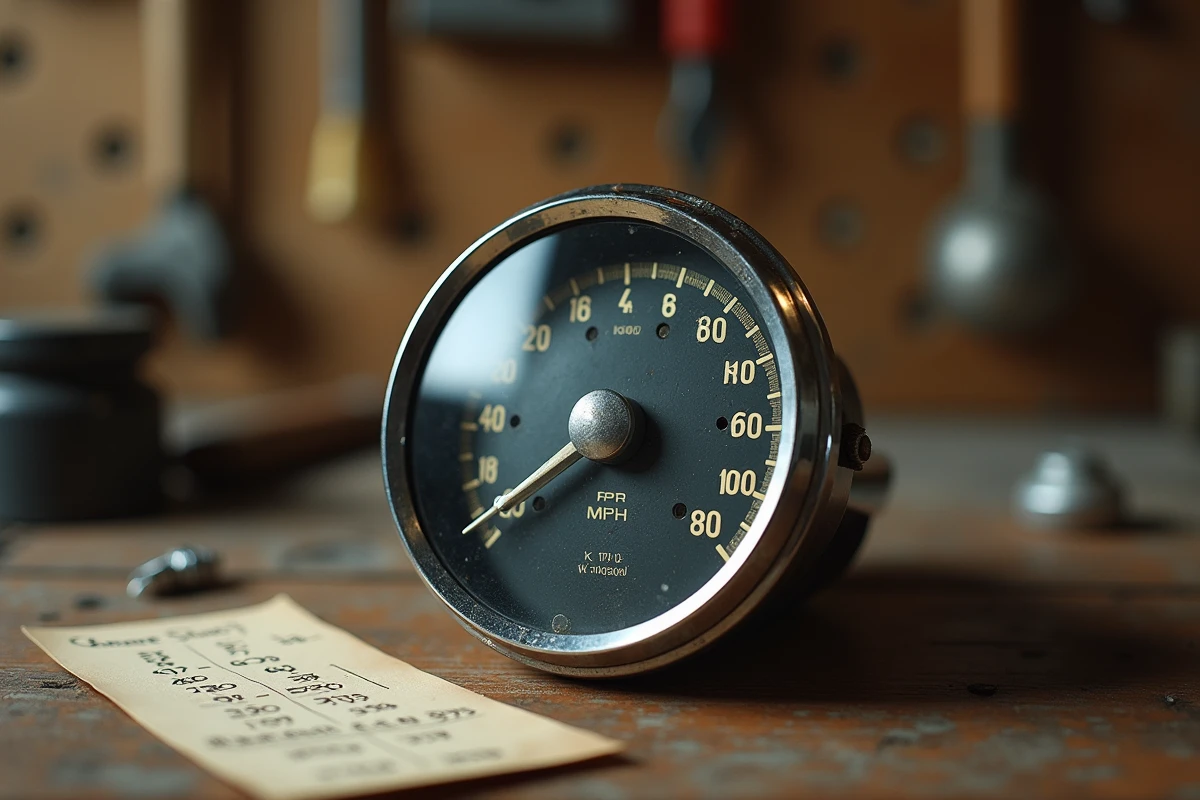 Compteur de vitesse analogique vintage affichant des graduations en miles et en km/h posé sur une table en bois