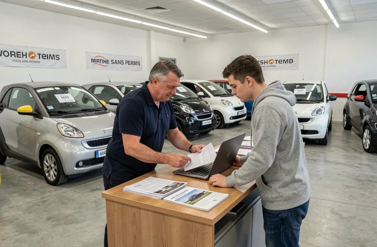 Vendeur conseillant un acheteur dans un concessionnaire de voitures sans permis à Reims