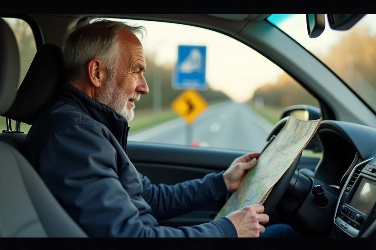 Conducteur consultant une carte routière sur une section d'autoroute gratuite en France