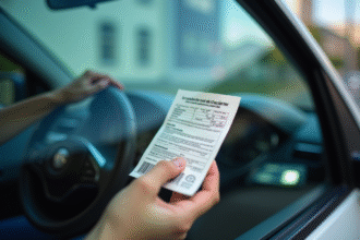 Main d'un conducteur français tenant une contravention en voiture