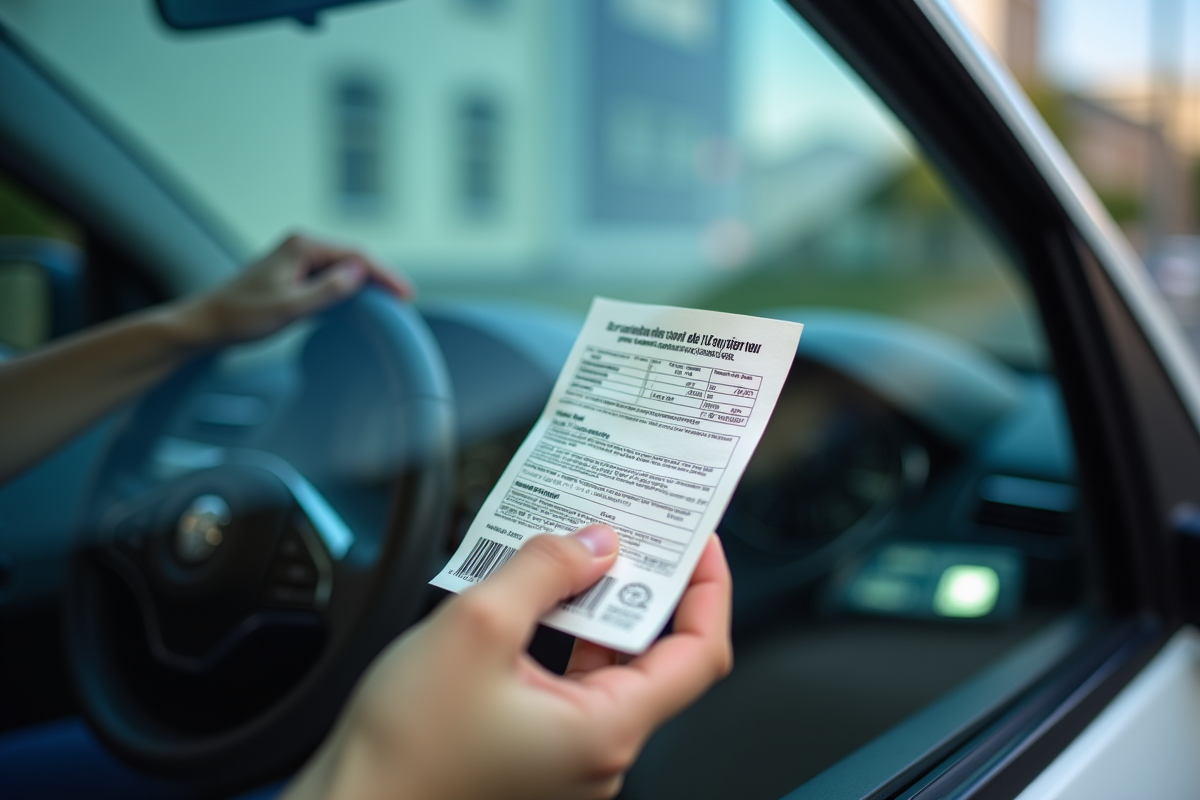 Main d'un conducteur français tenant une contravention en voiture