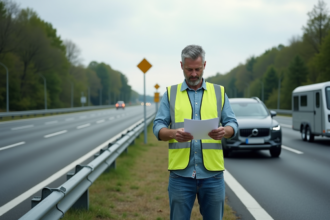 Homme en gilet réfléchissant étudie un document à côté d'un SUV avec remorque sur l'autoroute
