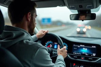 Conducteur regardant un tableau de bord numérique affichant la vitesse en miles et en km/h dans une voiture moderne