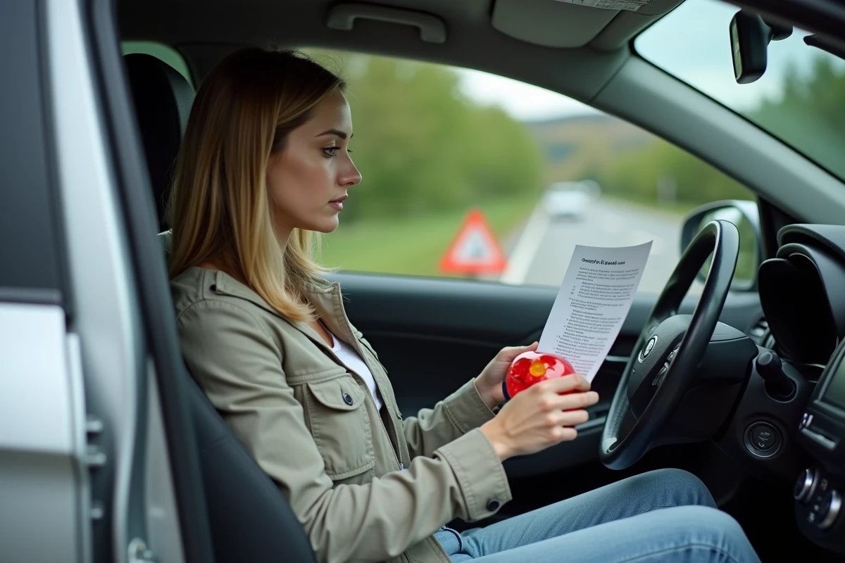 Conductrice consultant la réglementation sur la balise V-16 et le triangle de signalisation dans son véhicule