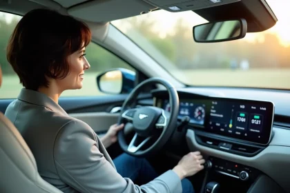 Conductrice au volant d'une voiture hybride consultant le tableau de bord énergétique en milieu urbain