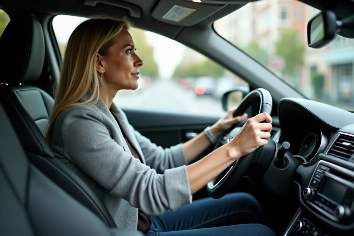 Conductrice tenant un volant de voiture légèrement désaxé vue de l'intérieur de l'habitacle