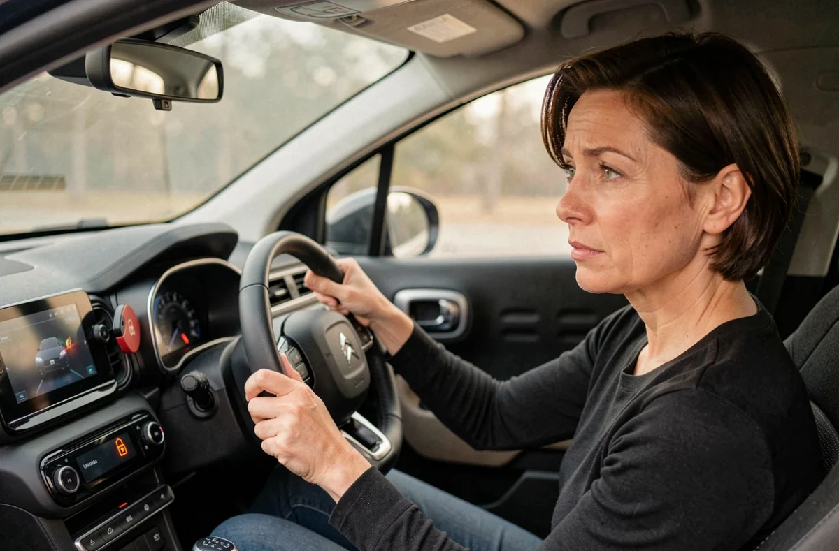 Conductrice observant le voyant de verrouillage porte clignotant sur le tableau de bord d'une Citroën C3 Aircross